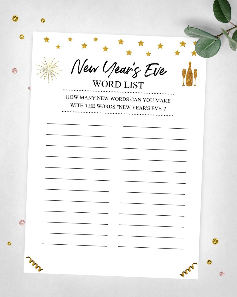 New Year's Eve Word List. Holiday Printable Game. New Year's Eve Party Game. Gold Holiday Game. Gold New Year's. Instant Digital Download. image 1