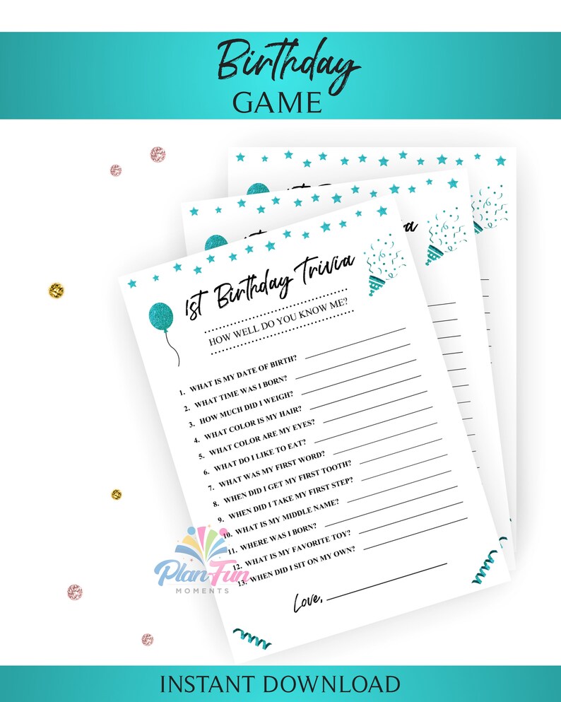 1st Birthday Trivia. How Well Do You Know Me? Party Game. Turquoise ...