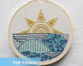 Coast Embroidery Pattern | Sunrise Over The Sea Landscape Design | Digital Download PDF Pattern | Beach House Décor