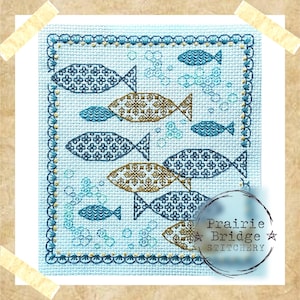 Padrão de bordado em blackwork de peixe | Blackwork moderno | Download em PDF | Decoração de casa de praia | Projeto de costura costeira