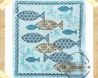 Fish blackwork embroidery pattern | Modern blackwork | PDF download | Beach house decoration | Coastal stitching project
