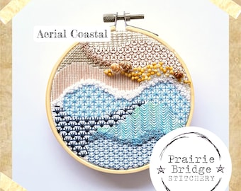 Aerial Coastal Blackwork Embroidery Pattern: Mixed Media Hoop Art (PDF Pattern)