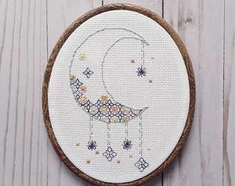 Celestial Moon Blackwork Embroidery Pattern: DMC Coloris (PDF Pattern)