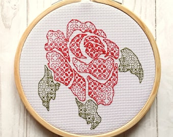 Red Rose Blackwork Embroidery Pattern (Digital Download)