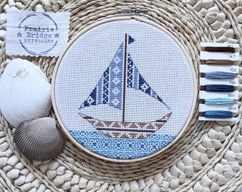 Nautical Boat Cross Stitch Pattern: Modern Maritime Design (PDF Pattern Keeper File Included