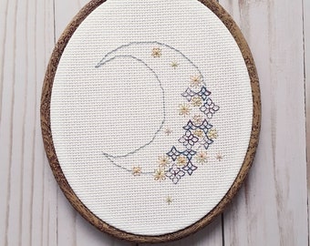 Floral Moon Blackwork Embroidery Pattern: Celestial Design (PDF Pattern)