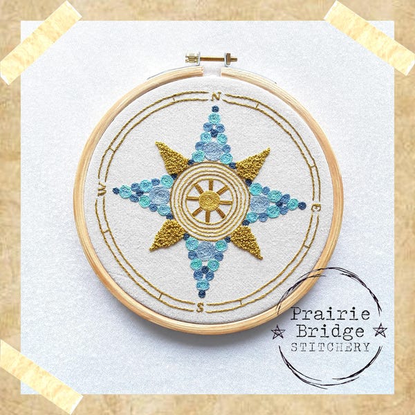 Compass Embroidery Pattern | Beach House Decor | Nautical Stitching | Digital Download PDF Pattern