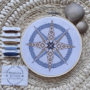 Puede incluir: Un bastidor de bordado de punto de cruz con un diseño de rosa de los vientos en tonos azules y marrones. El bordado está sobre tela blanca. También se ve una paleta de colores de muestras de hilo y una etiqueta de Prairie Bridge Stitchery.