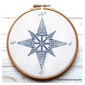 Padrão de bordado Compass Blackwork | Decoração de casa de praia marítima | Presente náutico | Download digital instantâneo | Arquivo PDF