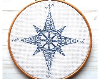 Compass Blackwork Embroidery Pattern | Maritime Beach House Decor | Nautical Gift | Instant Digital Download | PDF File