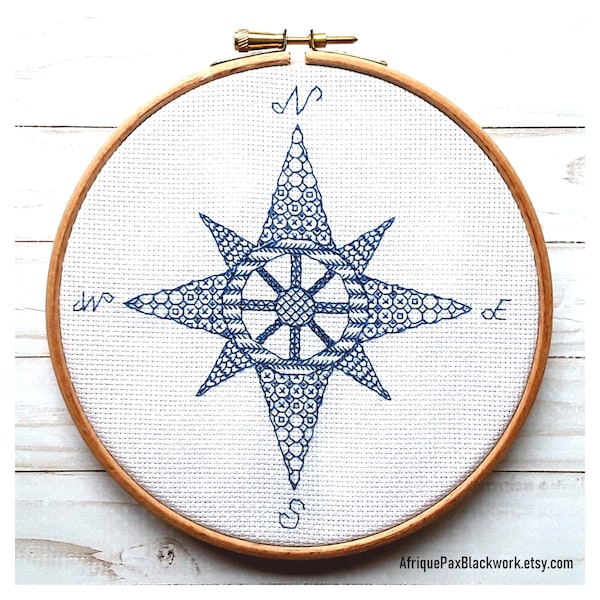 Compass Blackwork Embroidery Pattern | Maritime Beach House Decor | Nautical Gift | Instant Digital Download | PDF File