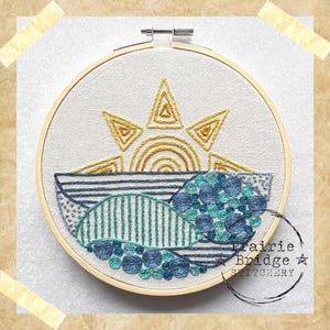Coast Embroidery Pattern | Sunrise Over The Sea Landscape Design | Digital Download PDF Pattern | Beach House Décor