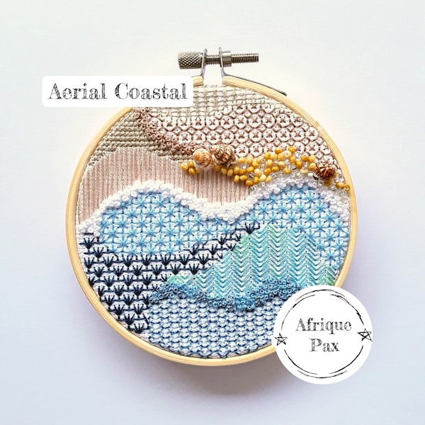 Aerial Coastal blackwork embroidery pattern | Full coverage blackwork | Needlepoint pattern | Mixed media home decor hoop art | DIY decor