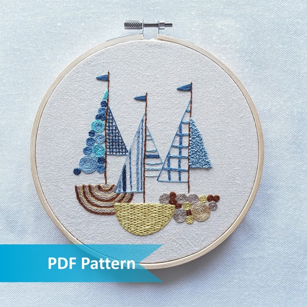 Boats Embroidery Pattern | Beach House Decor | Nautical Stitching | Digital Download PDF Pattern | Sailing Embroidery
