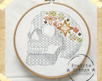 Skull Blackwork Embroidery Pattern: Hippie Halloween Decor (Digital Download PDF)