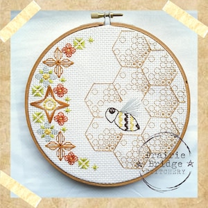 Honeybee Blackwork Embroidery Pattern: Floral DIY Craft (PDF Pattern)