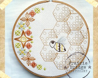 Honeybee Blackwork Embroidery Pattern: Floral DIY Craft (PDF Pattern)