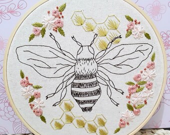 Spring Bee Embroidery Pattern: Floral DIY Hoop Art (PDF Pattern)