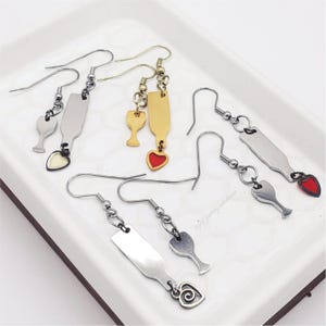 Asymmetrical Wine Earrings: Bottle & Glass with Heart Dangle