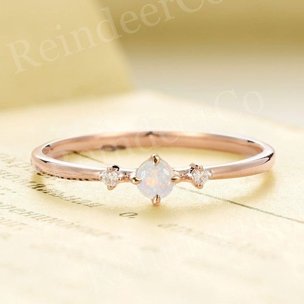 Australian opal engagement ring | Moissanite/Diamond ring | Round cut ring rose gold |  Three stone anniversary ring | Dainty bridal ring