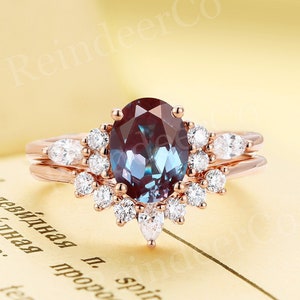Oval cut lab Alexandrite engagement ring|Vintage rose gold anniversary ring|Antique moissanite/diamond bridal ring set|Art deco promise ring