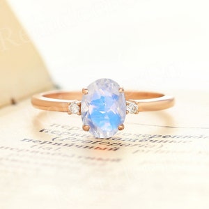 Oval moonstone engagement ring rose gold, Diamond Moissanite ring, Prong set ring three stone ring, Anniversary rings for her
