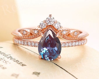 Pear shaped Alexandrite engagement ring set  | Vintage ring rose gold wedding set | Diamond Moissanite half eternity | Anniversary ring set