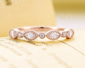 Alianza de boda de oro rosa milgrain vintage/corte marquesa art déco y anillo de aniversario de corte redondo/anillo de promesa de moissanita/diamante antiguo