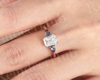 Emerald cut moissanite engagement ring rose gold ring vintage three stone ring Classic pear cut lab alexandrite ring anniversary bridal ring