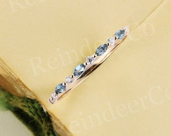 London blue topaz wedding band|Marquise cut yellow gold Anniversary ring|Vintage Moissanite Diamond promise ring|Unique Stacking band