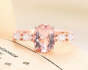 Morganite engagement ring rose gold | Oval Marquise cut ring  | Diamond moissanite ring |Prong set five stone ring |Anniversary ring