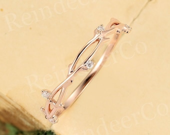 Vintage Moissanite Ehering mit Zweig, Rose Gold Leaf Zweig Design Trauring, zarter Twisted Versprechen Ring, handgemachter Jubiläumsring