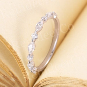 Vintage Moissanite Wedding Band,White Gold Half Eternity Marquise Diamond Band,Dainty Stackable Matching Band,Anniversary Promise Ring Women