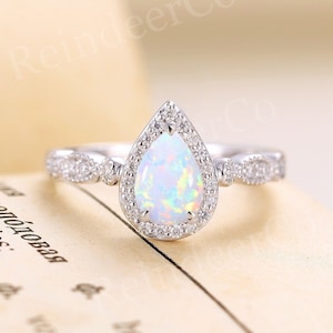 Lab Opal engagement ring white gold Pear cut anniversary ring Art deco ring Diamond Moissanite halo ring prong set ring Half eternity ring
