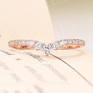 Antique round cut moissanite wedding band women rose gold pave ring curved wedding band vintage stacking matching ring anniversary band