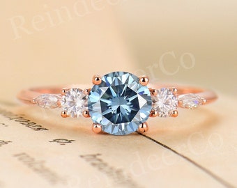Vintage Grey Blue Moissanite Engagement Ring in Rose Gold,Cluster Marquise Cut Moissanite / Diamond Wedding Ring,Anniversary Promise Ring