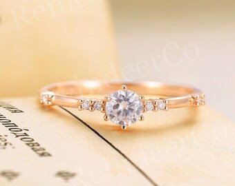 Unique Moissanite Engagement Ring,Simple Round Cut Wedding Ring,Art Deco 14K Rose Gold Bridal Ring,Anniversary Promise Ring For Women