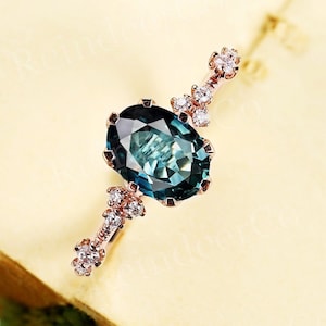 Vintage Oval Cut Blue-Green Sapphire Engagement Ring,Teal Sapphire Anniversary Ring,14K Rose Gold Promise Ring,Custom Bridal Promise Ring