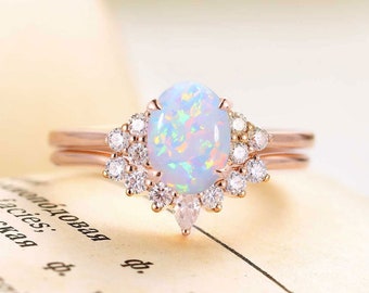 Oval Lab Opal engagement ring set | Rose gold Ring | Curved wedding band  | Pear shaped Diamond/Moissanite ring | Prong set anniversary ring