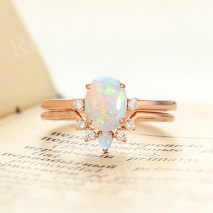 Oval cut Australian Opal engagement ring set rose gold | Diamond Moissanite curved wedding band | Pear shaped ring | Prong set anniversary