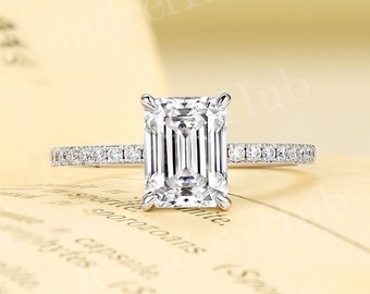 Vintage emerald cut moissanite engagement ring|Art deco white gold half eternity diamond/moissanite anniversary ring|Unique bridal ring