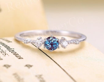 Vintage Alexandrite engagement ring white gold | Art deco Prong set ring | Unique Diamond moissanite ring | Five stone Anniversary ring