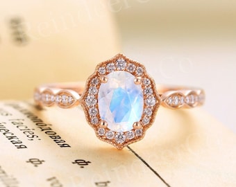 Vintage moonstone engagement ring rose gold | Art deco ring  |Oval cut Milgrain ring |Halo Diamond Moissanite  |Anniversary ring