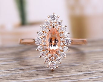 Vintage Marquise Cut Morganite Engagement Ring | art deco Round Cut Moissanite wedding ring | unique ring rose gold ring | anniversary ring