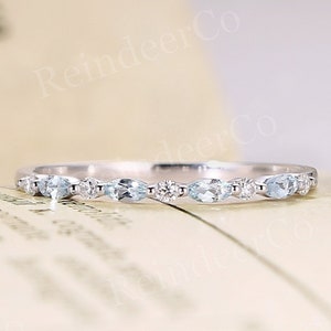 Vintage Marquise Cut Aquamarine Wedding Band with Diamond,14K White Gold Band,Unique Moissanite Stacking Matching Ring,Anniversary Ring