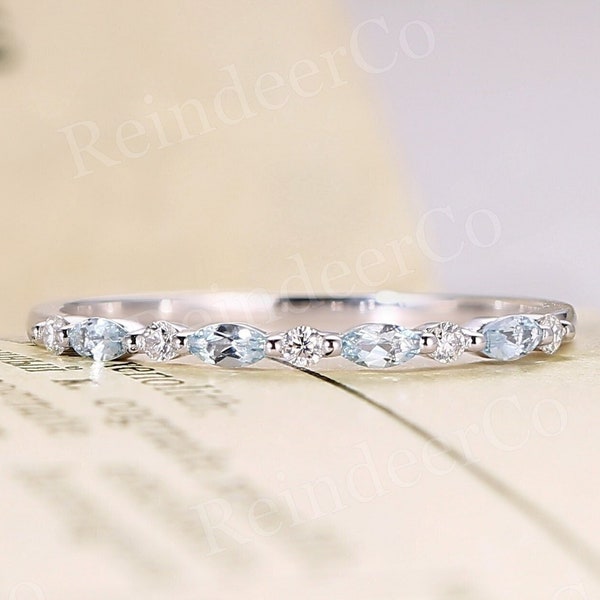 Vintage Marquise Cut Aquamarine Wedding Band with Diamond,14K White Gold Band,Unique Moissanite Stacking Ring,Anniversary Promise Ring