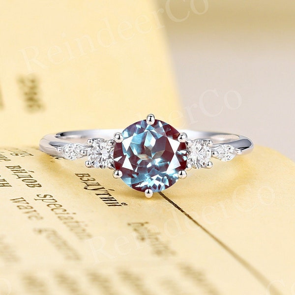 Lab Alexandrite engagement ring|Vintage round cut white gold anniversary ring|Art deco five stone promise ring|moissanite diamond ring