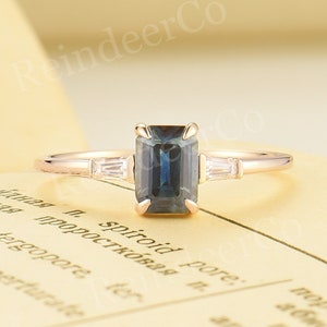 Emerald cut natural blue green/teal sapphire engagement ring|Vintage yellow gold diamond/moissanite promise ring|antique anniversary ring