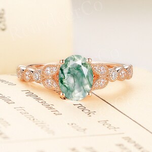 Vintage Oval cut Moss Agate engagement ring art deco rose gold ring promise ring unique moissanite diamond ring anniversary ring