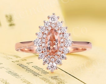 vintage bague de fiançailles morganite taille marquise | bague d'anniversaire art déco avec diamants moissanite taille ronde | bague de promesse unique en or rose